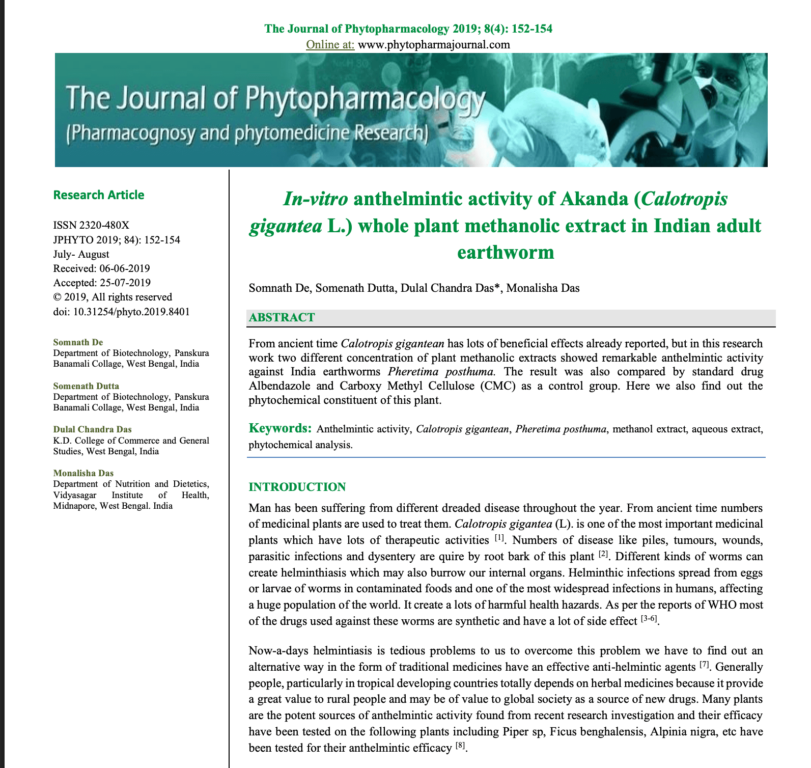 In vitro Anthelmintic Activity of Akanda (Calotropis gigantea L.) whole plant methanolic extract on Indian Adult Earthworm